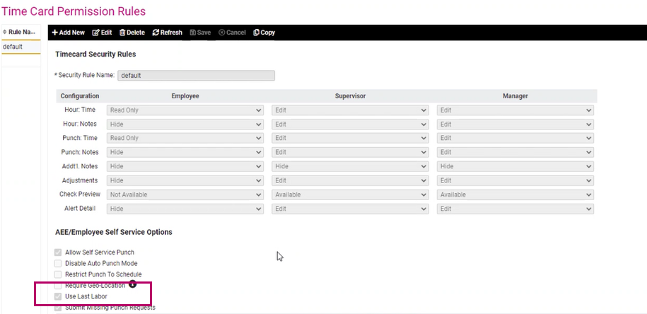 The Time Card Permission Rules screen in isolved People Cloud highlighting the "Use Last Labor" checkbox.