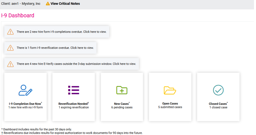 The new I-9 dashboard showing employee warnings, outstanding cases, and a history of closed cases.